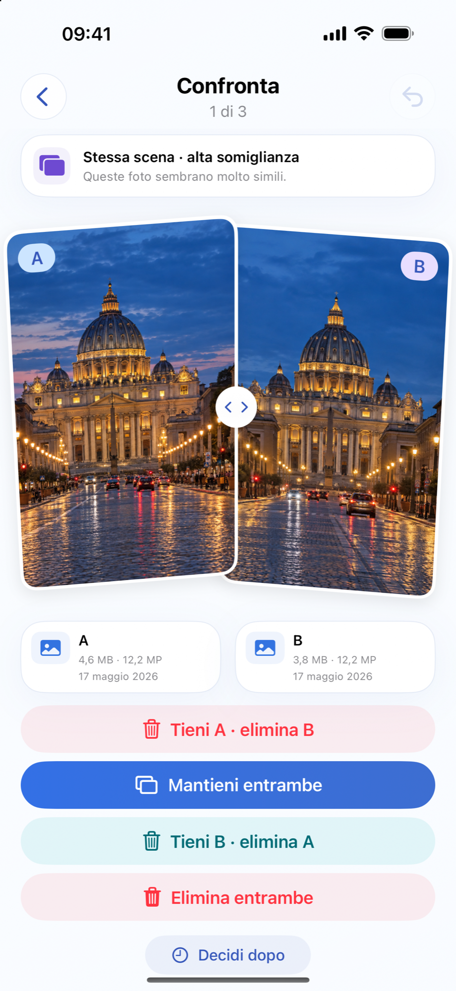 Schermata dimostrativa di Memora Flow: due foto affiancate e le scelte per conservarle