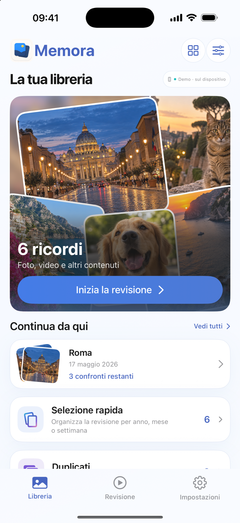 Schermata dimostrativa della Libreria di Memora Flow su iPhone
